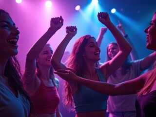 A group of friends enjoys a night of dancing in a nightclub illuminated by colorful neon lights, their faces filled with joy and energy as they celebrate together.