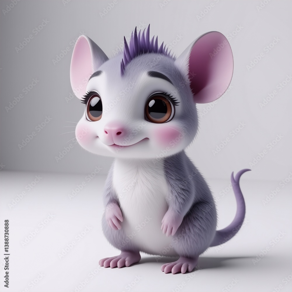Poster a charming cartoon mouse with big eyes and soft fur stands on a plain surface. its ears are large an