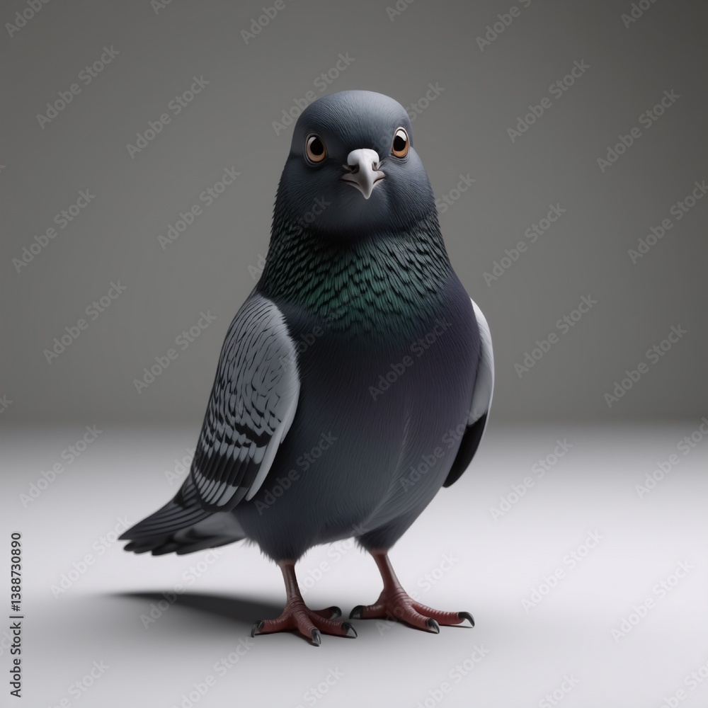 Poster a full-body, front-facing image of a grey pigeon with a green iridescent neck standing on a white su