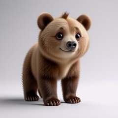 Obraz premium A cute cartoon bear cub with fluffy brown fur stands against a soft, light background. Its big, round eyes and gentle smile give it an endearing and innocent appearance.