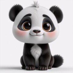 A fluffy panda cub with big eyes and a sweet smile sits against a plain background. Its black and white fur is soft and cuddly, and it has rosy cheeks.