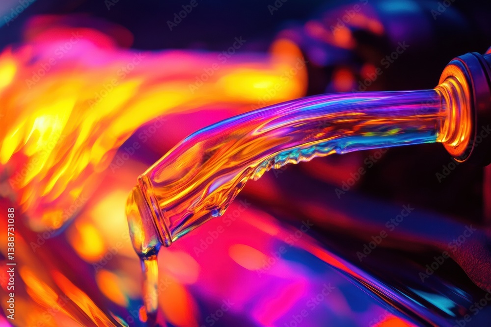 Poster surreal macro shot of neon liquid pouring into a car engine with smooth flow and vibrant colors