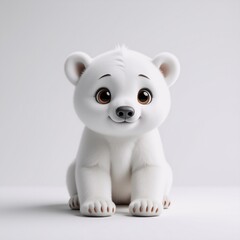 Fototapeta premium A fluffy, adorable white polar bear cub with big brown eyes sits sweetly against a plain background, its soft white fur and gentle expression creating a charming portrait.