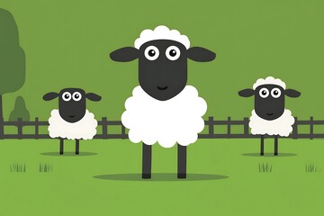 Three cartoon sheep standing in a green field