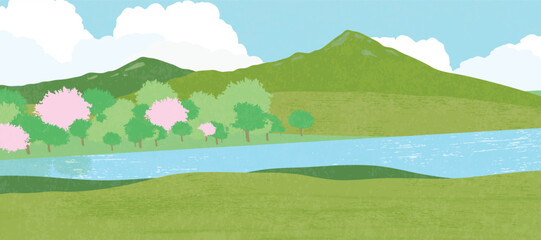 Obraz premium Abstract landscape background vector. Panorama view wallpaper in minimal design with mountain, tree, river. Illustration for print, interior, wall art, decoration, cover, banner. 