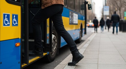 Person Stepping Off a City Bus with Accessibility Symbols Visible, Urban Transportation Scene