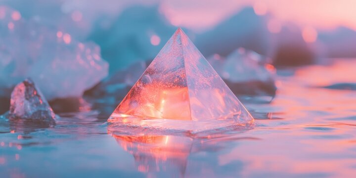 Transcendent Crystal Healing Luminous Orgonite Pyramid in Ethereal Water Landscape - Holistic Wellness Visualization for Mindful Energy Transformation