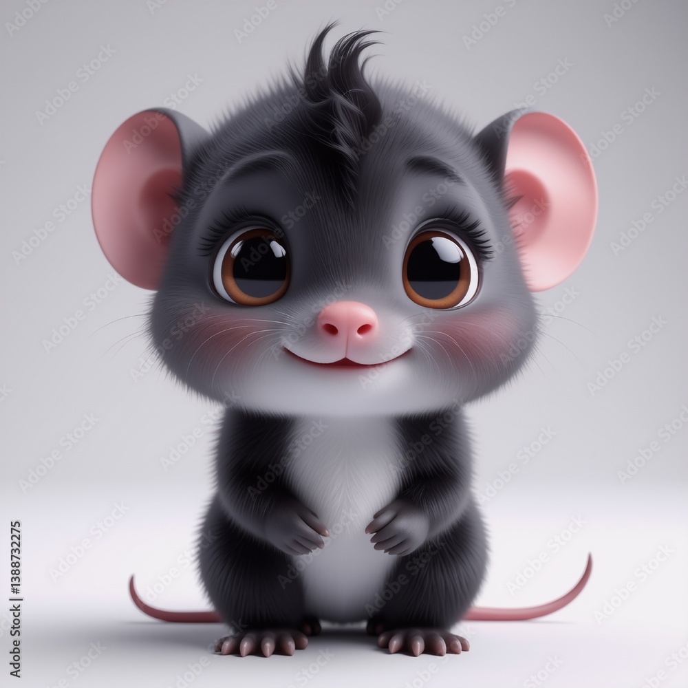 Aufkleber a charming cartoon mouse with large, expressive eyes and fluffy grey fur poses sweetly against a sof