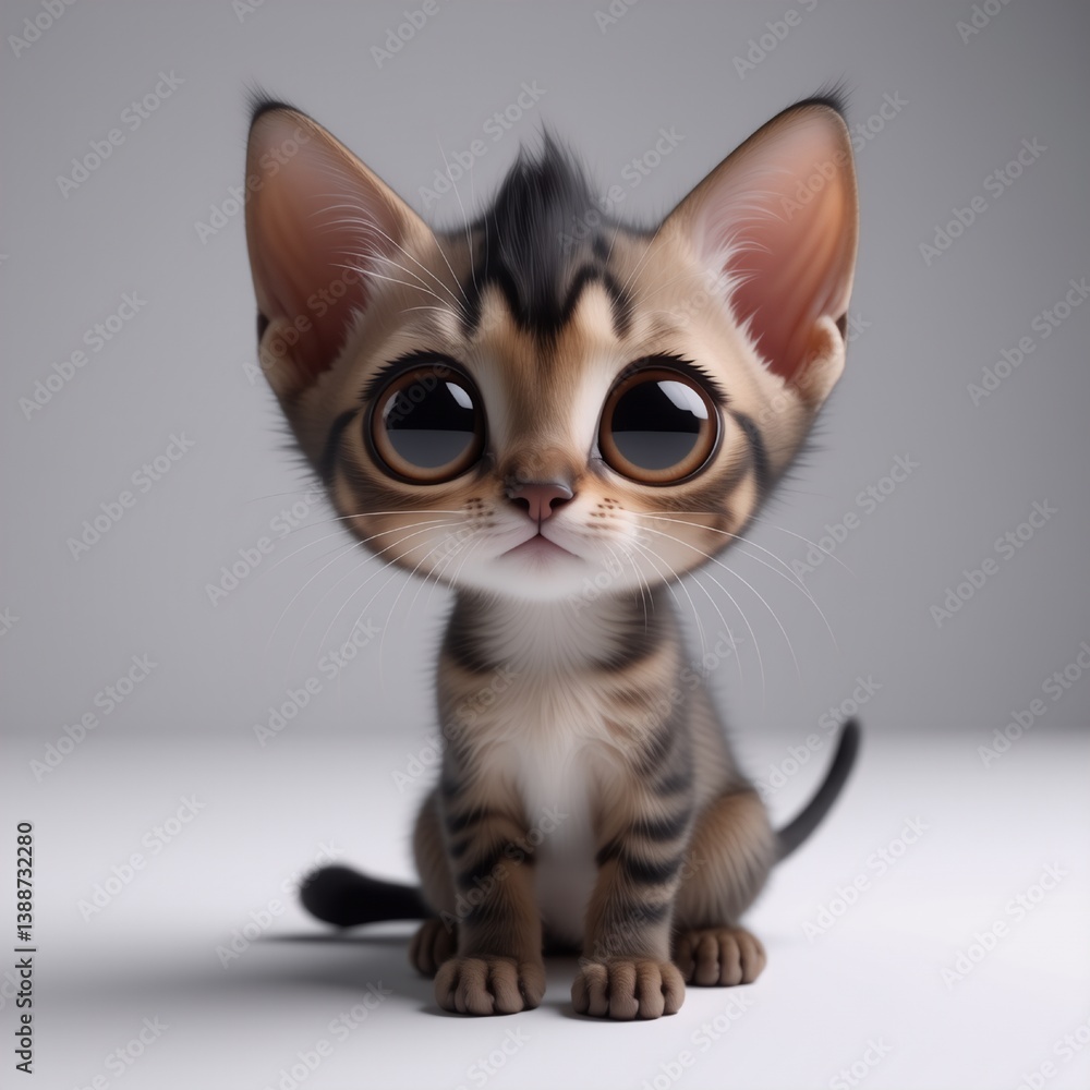 Poster a charming, big-eyed kitten with brown tabby markings sits attentively against a plain backdrop. its
