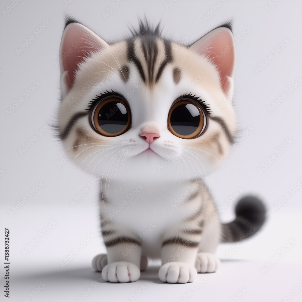 Poster a charming kitten with large, expressive eyes gazes directly forward. its soft, striped fur is a mix