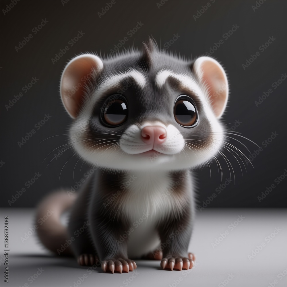 Poster a charming cartoon ferret with big, endearing eyes and soft fur is sitting. its delicate pink nose a