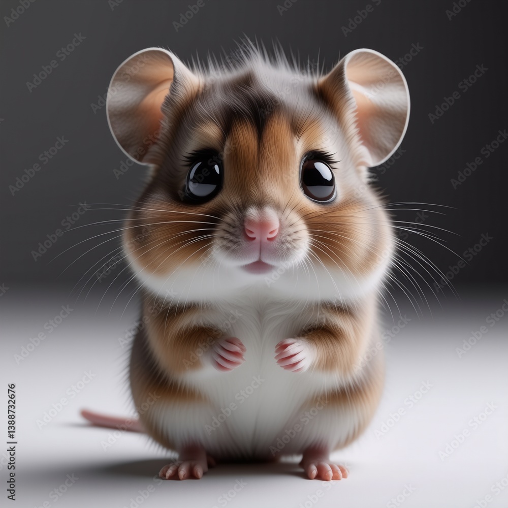 Aufkleber A fluffy, adorable mouse with big, round eyes and tiny paws is the focal point. Its soft fur and gentle expression create a captivating and endearing image. The mouse is positioned centrally, facing d