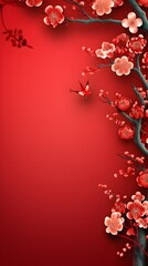 Red Background with Peach Blossom Branches and Bird for Spring Festival Design