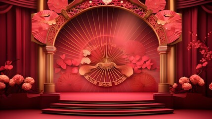 Red and Gold Chinese New Year Stage Decoration with Fan and Flower Motifs