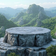 A unique rock formation with flat gray stone podium surrounded by natural elements creating a stunning landscape view