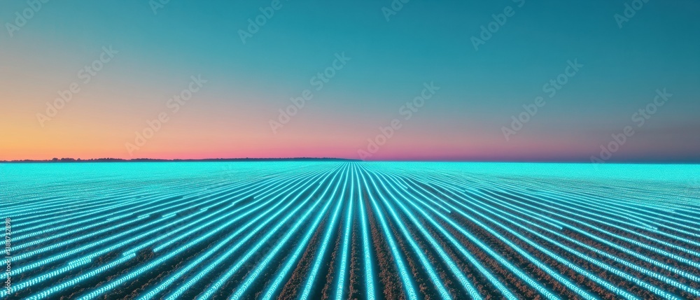 Poster Futuristic Digital Landscape AI-Driven Precision Grid Visualizing Smart Infrastructure and Emerging Technological Horizons in Minimalist Cyan Perspective