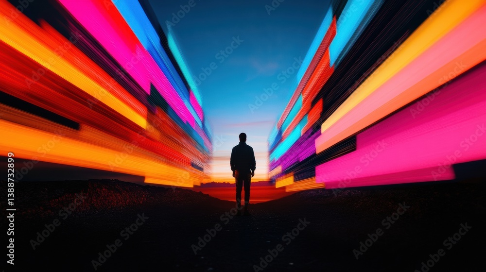 Leinwandbilder Futuristic Digital Transformation Silhouetted Individual Navigating Vibrant Data Streams - Immersive Technological Evolution and Creative Potential Visualization