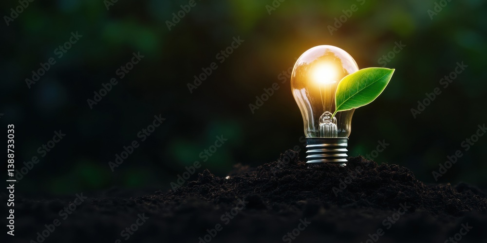 Poster Eco-Innovation Illuminates Future Sustainable Green Energy Concept with Luminous Lightbulb Sprouting from Fertile Soil - Transformative Environmental Technology Visualization