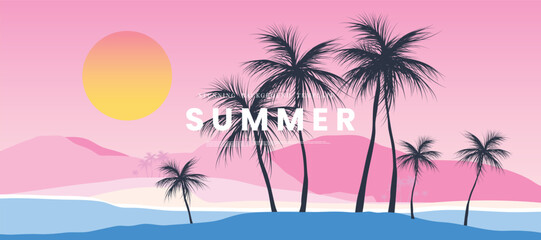 Abstract landscape background vector. Panorama view wallpaper in minimal design with sea, beach, mountain, sailboat. Illustration for print, interior, wall art, decoration, cover, banner. 