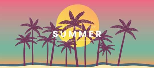 Abstract landscape background vector. Panorama view wallpaper in minimal design with sea, beach, mountain, sailboat. Illustration for print, interior, wall art, decoration, cover, banner. 