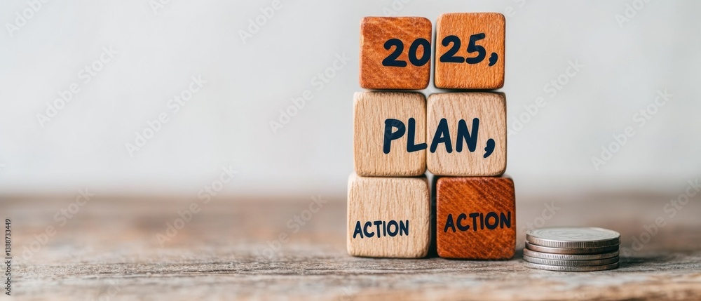 Poster strategic financial roadmapping 2025 minimalist wooden block visualization for entrepreneurial goal 