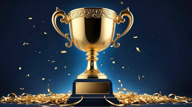 Golden Trophy Award Presentation with Celebration Streamers Glittering Backgrounds and Luxury Theme