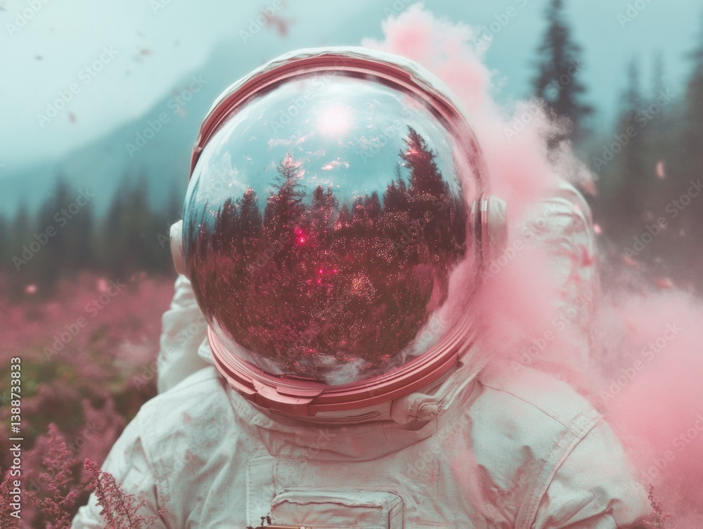 Poster liminal dreamscape surreal sci-fi astronaut merging cosmic exploration with ethereal forest wilderne