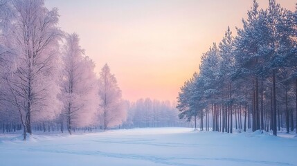 Obraz premium Winter Wonderland Landscape with Snow Covered Trees and Pink Sky