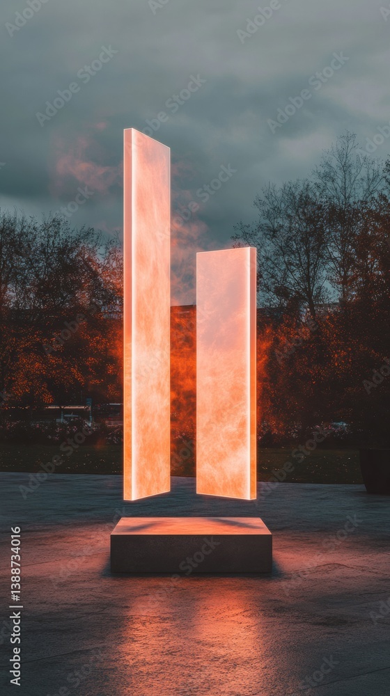 Poster liminal luminescence ethereal translucent monolith sculpture illuminating urban twilight - immersive