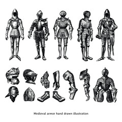Medieval Armor Set Hand Drawn Vector Illustration of Knight Suits and Helmets