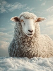 Sheep Portrait Lying on Cloud Fluffy Wool Animal Farm Concept