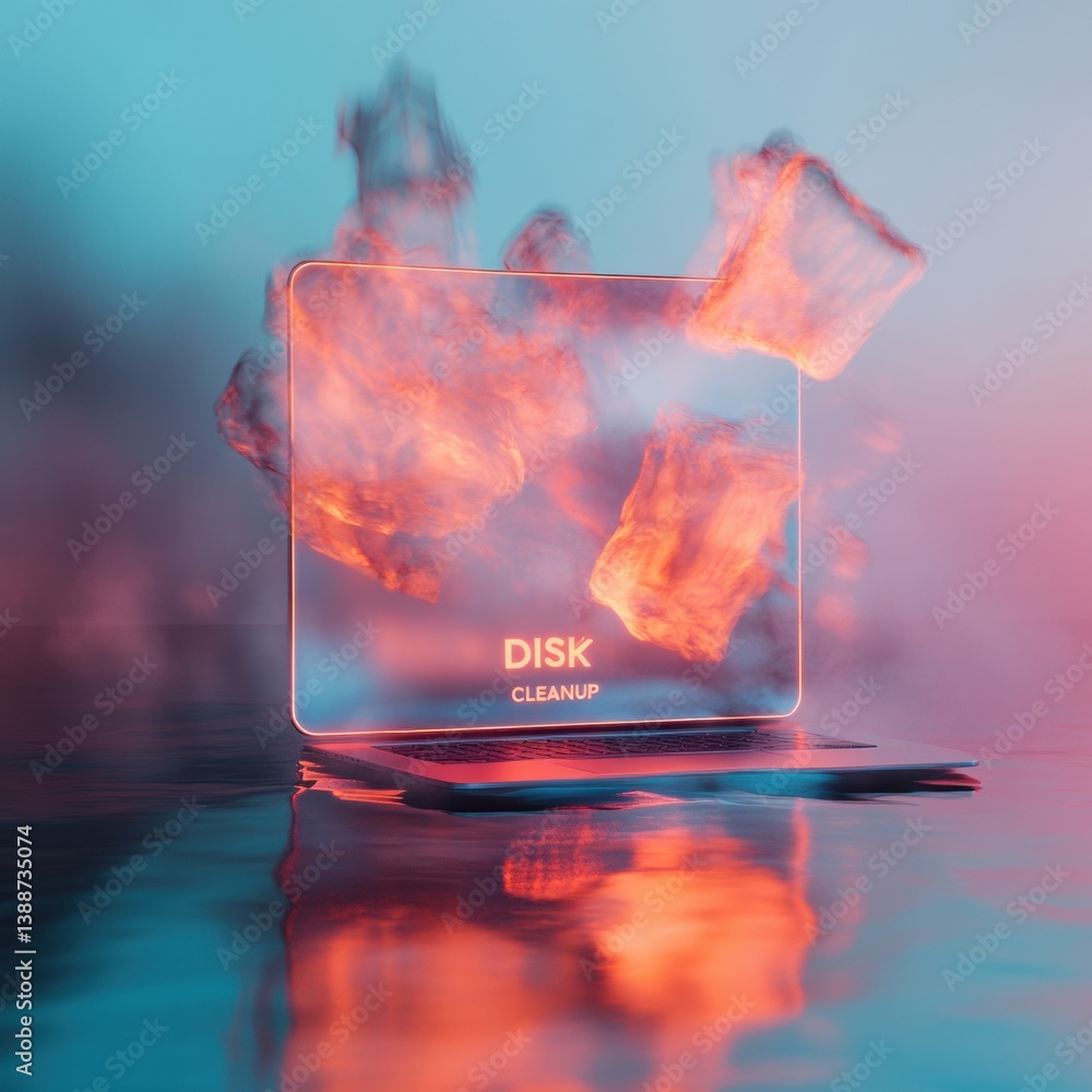 Poster Futuristic Digital Detox Immersive Disk Cleanup Visualization with Holographic File Transformation in Ethereal Pastel Tech Landscape