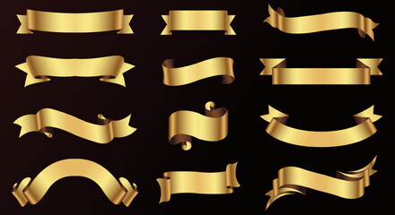 Set of gold ribbon banners template design. Luxury ribbons isolated on black background. vector