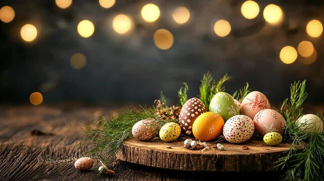 Colorful Easter eggs arranged on a wooden platter with greenery