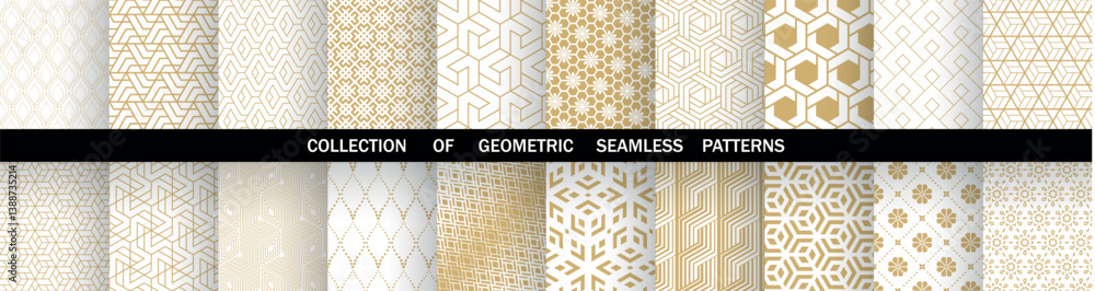 Poster Geometric set of seamless golden and white patterns. Simple vector graphics.
