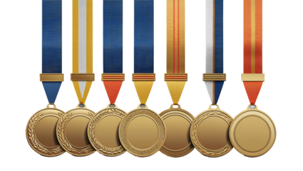 Multiple gold medal styles with embossed details and elegant finishes, award icons isolated on transparent background for sports and success themes