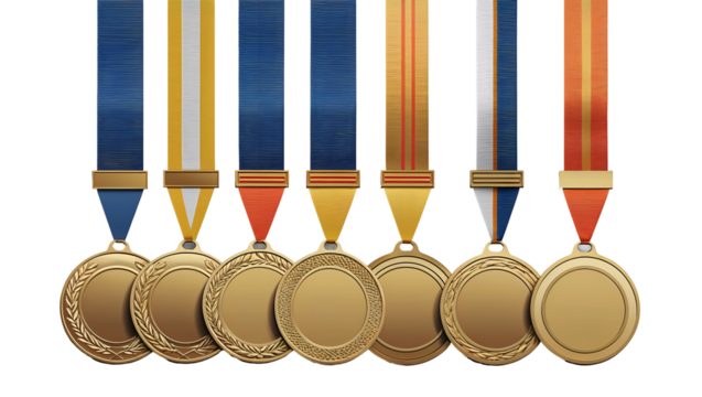Multiple gold medal styles with embossed details and elegant finishes, award icons isolated on transparent background for sports and success themes - Powered by Adobe