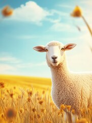 Obraz premium Sheep Standing in Golden Field on Sunny Day Farm Animal Portrait