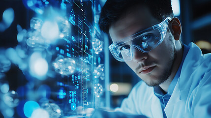 A quantum computing scientist developing algorithms for faster drug discovery, lab with quantum computers and molecular data visible, High-tech style