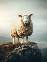 Fototapeta premium Sheep Standing Tall on Rocky Cliff Top with Overcast Sky