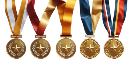 A set of different gold medal designs in high detail, isolated on transparent background, realistic award medals for competition and achievement themes