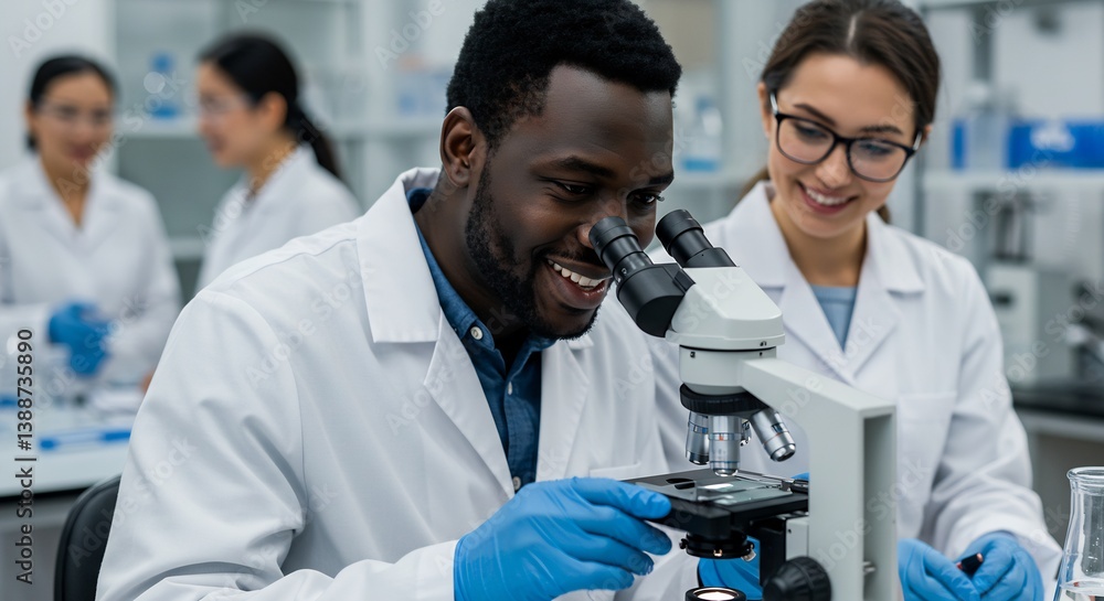 Poster two diverse scientists collaborating in a modern laboratory using a microscope for research and disc
