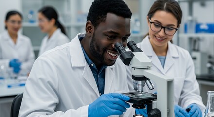 Two Diverse Scientists Collaborating in a Modern Laboratory Using a Microscope for Research and Discovery