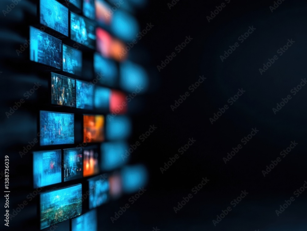Aufkleber Immersive Digital Media Wall Cinematic Streaming Interface Showcasing Multi-Channel Visual Content, Next-Gen Entertainment Discovery Experience in High-Resolution Panoramic Display