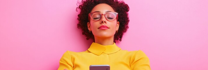 Vibrant Gen Z Digital Mindfulness Millennial Professional in Yellow Embracing Tech Serenity with Minimalist Urban Color Pop Aesthetic