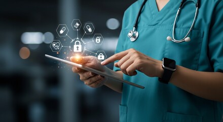 Female Doctor Using Tablet Computer with Hologram Showing Medical Data Security and Privacy