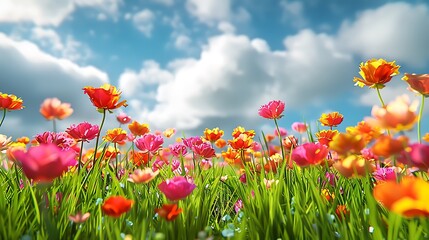Naklejka premium Vibrant Spring Flowers Blooming in Sunny Field Under Blue Sky with Fluffy Clouds