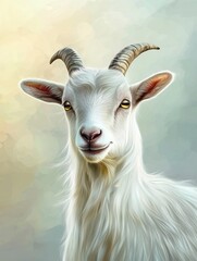 Elegant White Goat Portrait with Horns Artistic Digital Painting Style