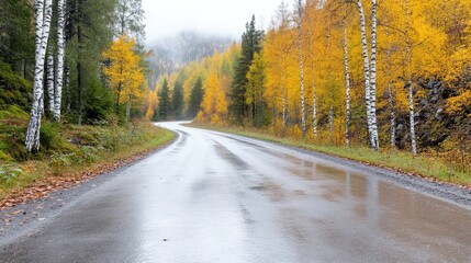 Fototapeta premium A wet asphalt road curves gently through a scenic autumn landscape. Golden and yellow birch trees line the roadside, their leaves contrasting with the gray sky. The image is high-quality, showing sh