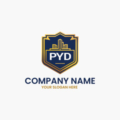 Naklejka premium The shield logo with buildings and PYD initials is perfect for real estate, construction, or property firms seeking a bold, professional identity